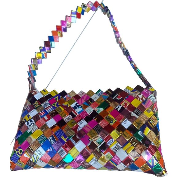 Novelty Pattern Candy Wrappers Multicolored Shoulder Purse 6.5" Tall - Picture 2 of 14